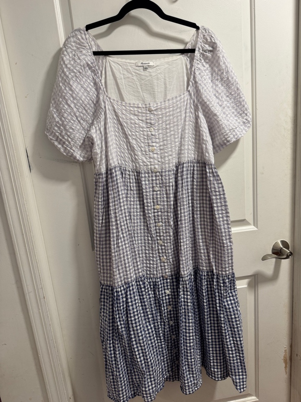Madewell Blue and White Gingham Tiered Midi Dress